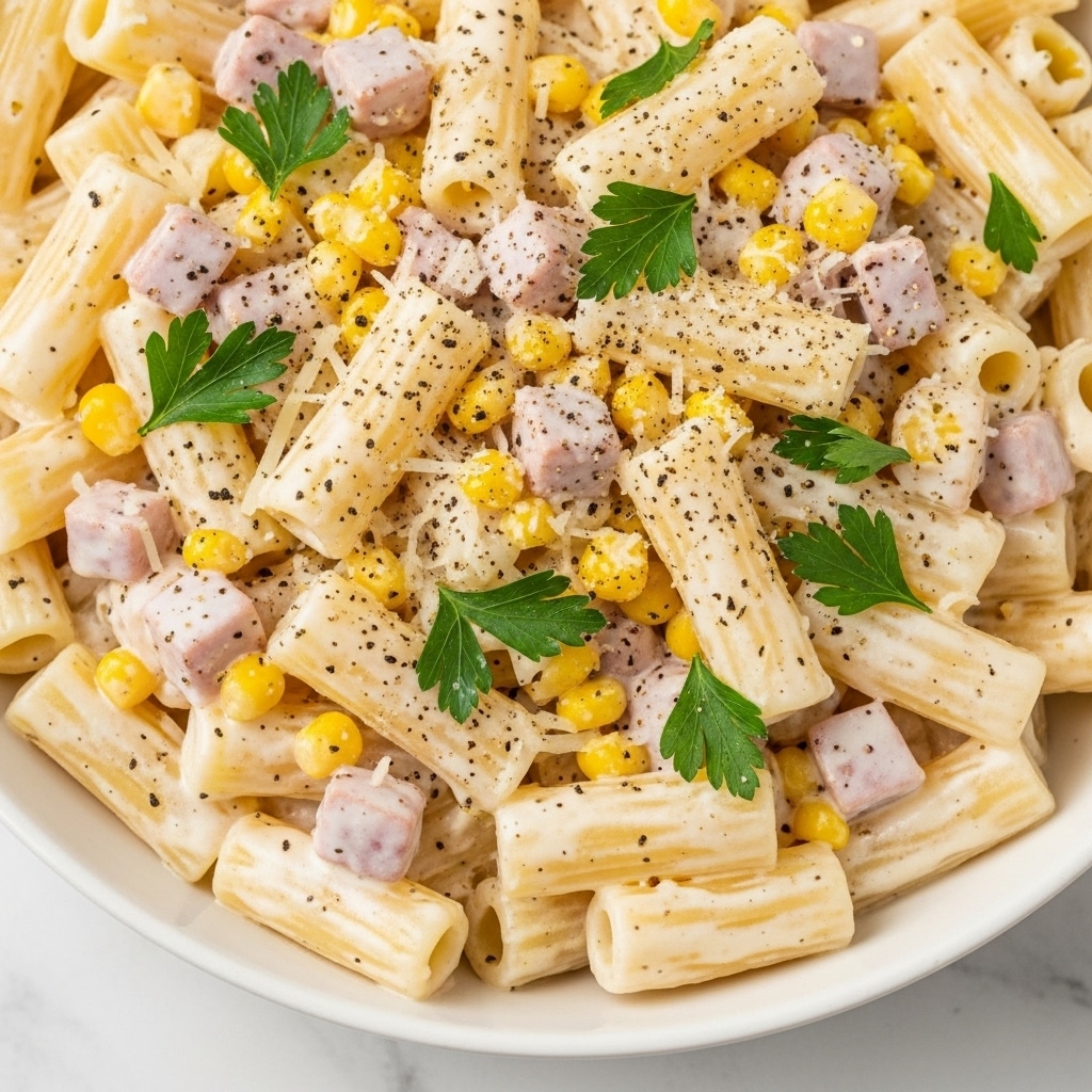 A close-up view of creamy white sauce-coated cavatappi pasta mixed with bright yellow corn kernels and small chunks of reddish meat, garnished with fresh green parsley leaves scattered on top. The pasta’s ridged texture and hollow centers are visible, with a light sprinkling of black pepper and grated cheese adding contrast on the surface. The dish is served in a white bowl, placed on a white marbled textured surface. photo taken with an iphone --ar 4:5 --v 7