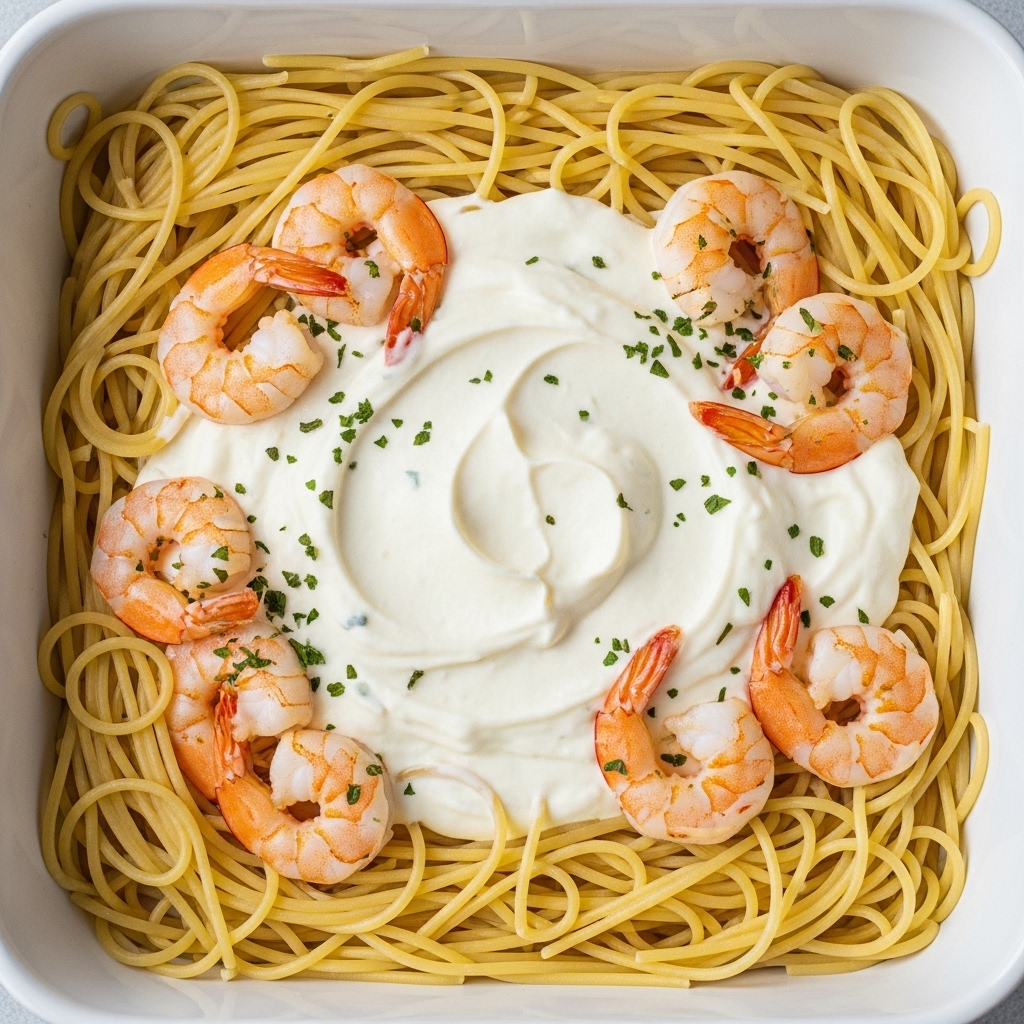 A close-up view of a baked shrimp pasta dish in a white square baking dish, showing three main layers: at the bottom, a layer of yellowish cooked spaghetti arranged loosely; in the middle, a creamy white sauce spread evenly; on top, several plump, pink-orange shrimp evenly placed, with green chopped herbs sprinkled over everything. The edges of the baking dish show slight browning from baking, and the dish rests on a white marbled surface. Photo taken with an iphone --ar 4:5 --v 7