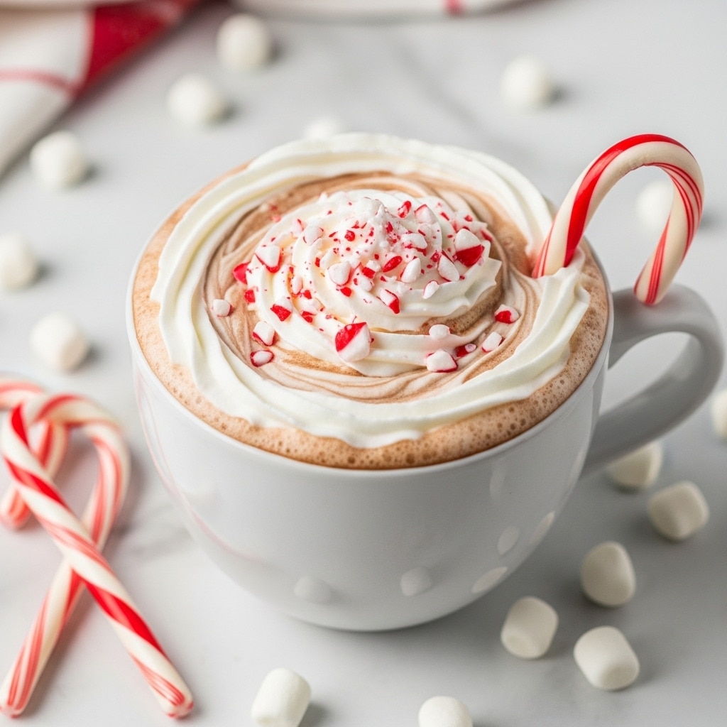 A white mug filled with hot chocolate topped with a swirl of whipped cream and sprinkled with small red and white peppermint candy pieces, with a striped red and white peppermint stick placed inside the cream on the right side. The hot chocolate beneath the cream shows a light brown color with a slightly frothy texture. The mug sits on a white marbled surface, surrounded by some small white marshmallows and three red and white striped candy canes resting near the base of the mug. photo taken with an iphone --ar 4:5 --v 7