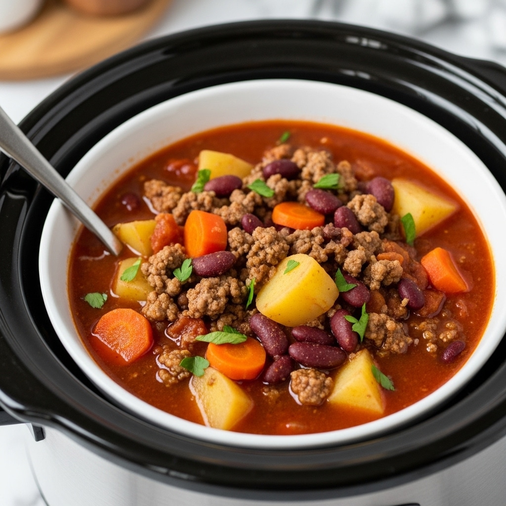 A close-up view of a white bowl filled with a chunky stew that has a rich reddish-orange broth as the base layer. Floating within the stew are several layers of diced vegetables including bright yellow potatoes, red bell peppers, and small bits of celery, mixed with browned ground meat and dark red kidney beans. The stew is garnished with fresh green chopped herbs scattered unevenly on top, adding a pop of color and texture. The bowl is placed on a white marbled surface, and a metal spoon rests inside the bowl, partially submerged in the stew. photo taken with an iphone --ar 4:5 --v 7