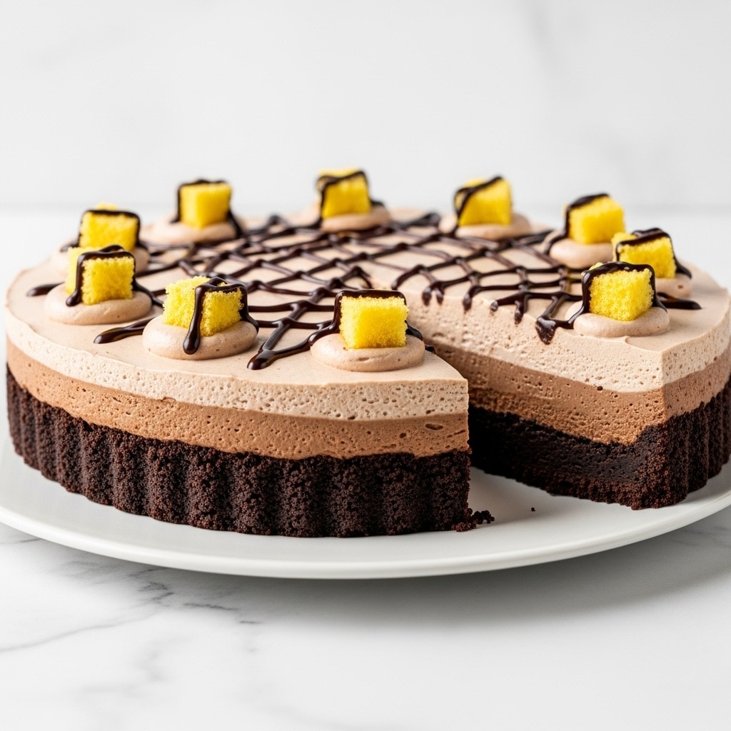 The image shows a chocolate tart with three visible layers on a white plate placed on a white marbled surface. The bottom layer is dark, crumbly chocolate crust, thick and firm. Above it is a smooth, fluffy light brown chocolate mousse layer. The top layer is decorated with small yellow cake pieces and thin drizzles of dark chocolate sauce, giving a textured look. A slice has been removed, revealing the layers clearly. Photo taken with an iphone --ar 4:5 --v 7