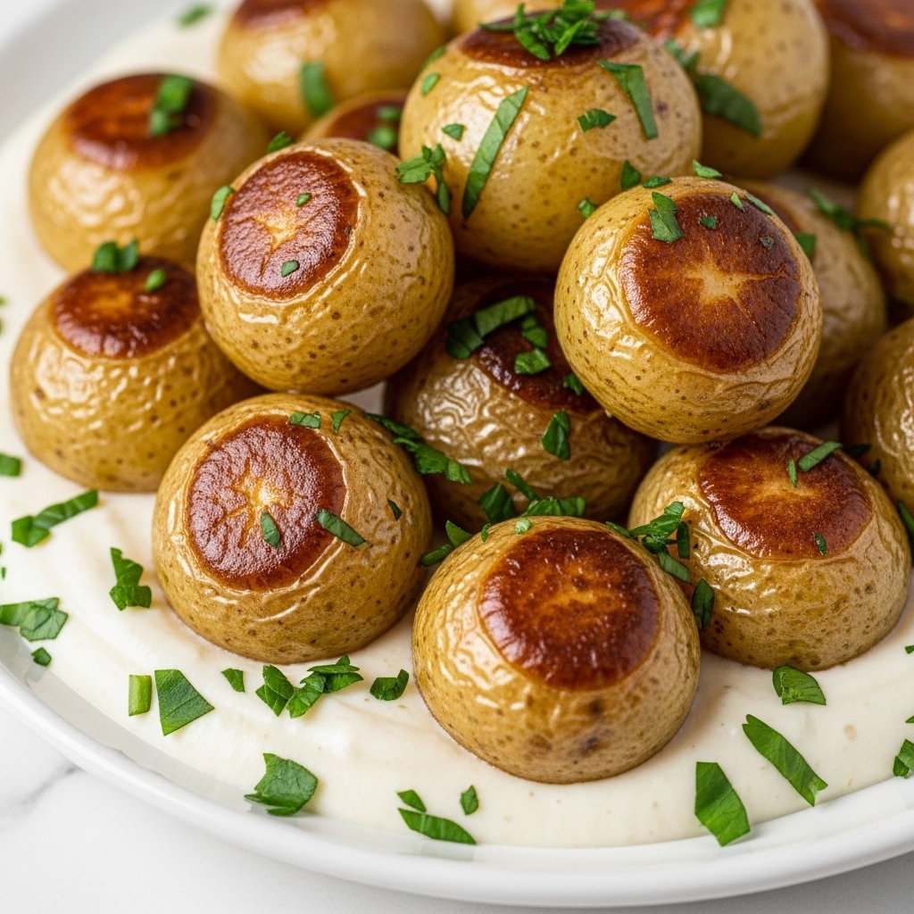 The image shows a close-up of golden and red roasted small potatoes with a crispy skin, covered in fresh green herbs and black pepper. The potatoes are placed closely together on what looks like a white marbled surface, with some parts dipped in a creamy white sauce that has a smooth texture. The herbs are finely chopped and spread evenly, giving a fresh green contrast to the warm colors of the potatoes. The photo highlights the roasted, slightly shiny texture of the potatoes with a soft, creamy background sauce. Photo taken with an iphone --ar 4:5 --v 7