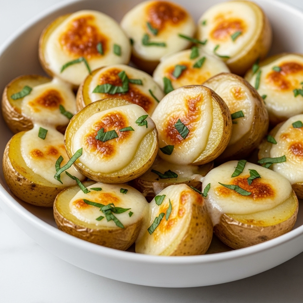 A close-up view of a bowl full of small roasted potatoes cut in half, each potato showing a golden brown skin and soft yellow interior. Each half is topped with melted creamy cheese that has browned spots and sprinkled with finely chopped green herbs. The potatoes are placed closely together filling the bowl, and the bowl itself is white with a smooth surface. The whole scene rests on a white marbled texture. photo taken with an iphone --ar 4:5 --v 7