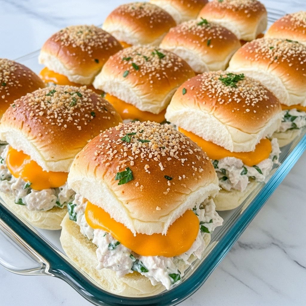 A close-up view of a tray of sliders, each slider has three layers: a top golden-brown bun sprinkled with crispy crumbs and small green onion pieces, a thick middle layer of creamy white chicken salad mixed with herbs and bits of crispy bacon, and a layer of melted bright orange cheddar cheese spilling slightly over the edges, all resting on a soft golden-brown bun base. The sliders are set closely together in a glass baking tray on a white marbled surface. photo taken with an iphone --ar 4:5 --v 7