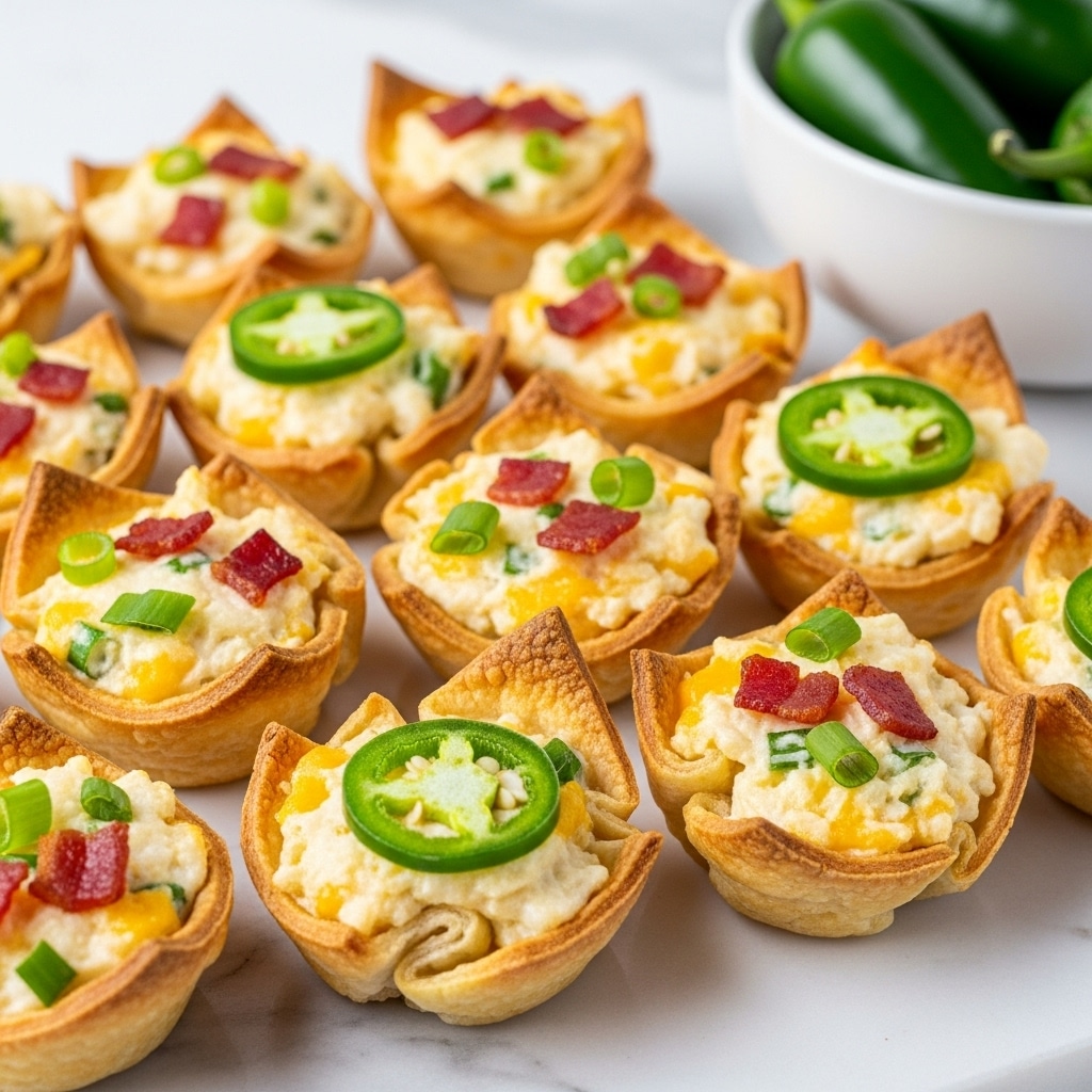 A group of small, crispy, golden-brown cups filled with a creamy white and yellow mixture are arranged closely together on a white marbled surface. Each cup has crispy, slightly curled edges and is topped with chopped green onions, small red pieces of bacon, and some have a single round slice of bright green jalapeño pepper on top. The texture of the filling looks smooth and cheesy with bits of bacon adding a crunchy contrast. In the background to the right, a white bowl holds fresh green jalapeños. Photo taken with an iphone --ar 4:5 --v 7