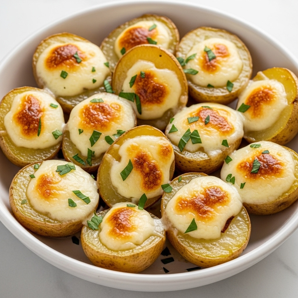The image shows a close-up of a white bowl filled with halved small potatoes with light brown skin. The potatoes have a golden color with slightly crisped edges and are topped with melted creamy cheese, which is slightly browned in spots. Small green herb pieces are sprinkled evenly over the potatoes and cheese, adding a fresh touch. The bowl sits on a white marbled surface. photo taken with an iphone --ar 4:5 --v 7