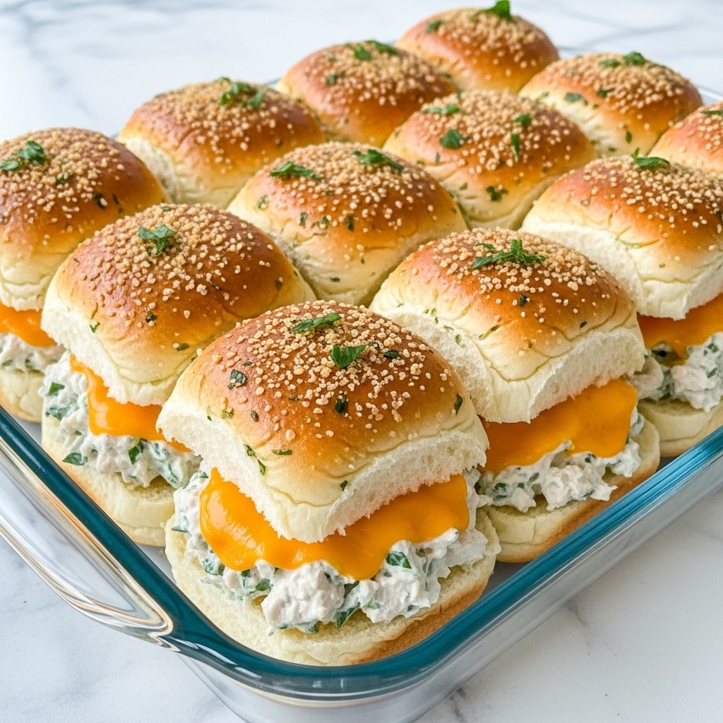 The image shows a tray of soft baked slider sandwiches closely placed side by side. Each slider has a light golden brown top bun sprinkled with breadcrumbs and small pieces of green herbs on it. The bottom bun is fluffy and slightly lighter in color. Between the buns, there is a creamy chicken salad layer mixed with herbs and topped with melted shredded orange cheddar cheese that slightly oozes out, adding a rich texture. The sliders are arranged neatly in a rectangular glass dish, sitting on a white marbled surface. photo taken with an iphone --ar 4:5 --v 7
