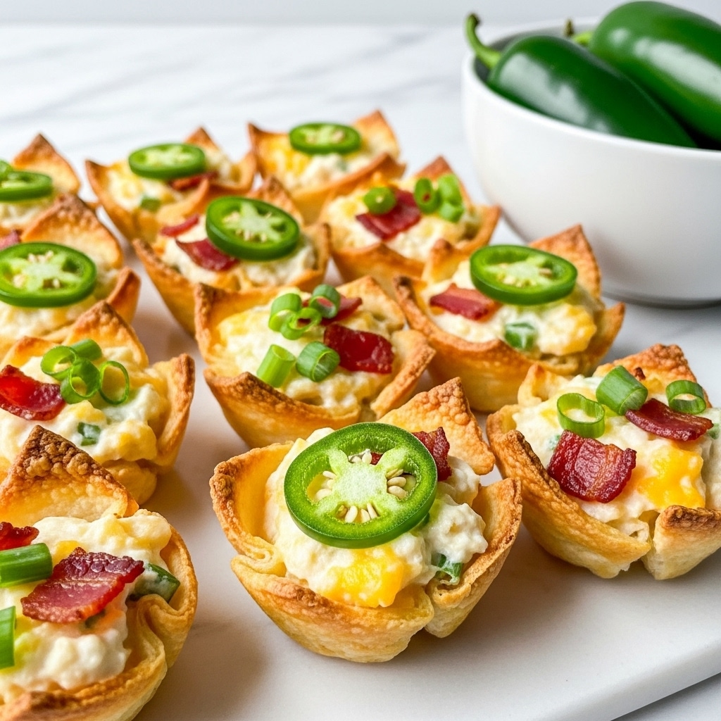 Several crispy golden-brown cups, each filled with a creamy, light-yellow cheese mixture layered with small red bacon bits and topped with bright green chopped chives and a single round slice of jalapeño pepper on top. The cups hold a textured, slightly bubbly and melted cheese layer visible under the garnishes. The cups are tightly grouped together on a white marbled surface with some extra green chive pieces scattered around. In the background, a white bowl filled with whole green jalapeños sits out of focus. The photo taken with an iphone --ar 4:5 --v 7