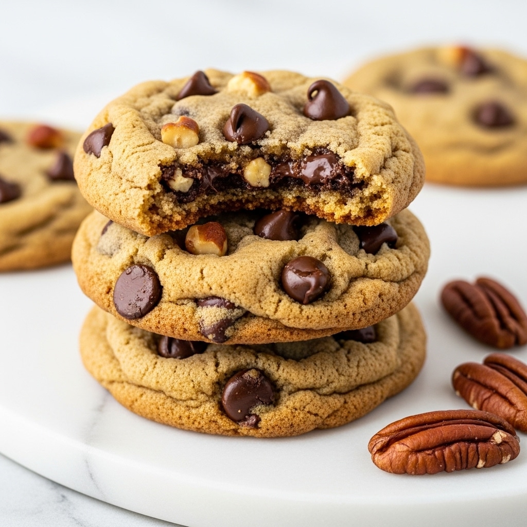 The image shows a stack of soft cookies on a white marbled surface, each cookie round and slightly thick. The cookies are pale beige with a dusting of white powdered sugar covering the top. In the center of each cookie, there is a small pile of brown chopped nuts, adding texture and contrast. The cookies are arranged in a small pyramid, with one cookie on top and several cookies supporting it underneath. Photo taken with an iphone --ar 4:5 --v 7