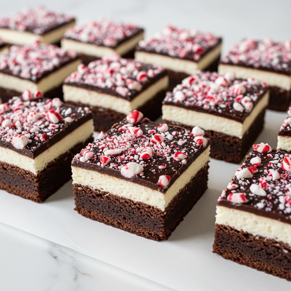 The image shows multiple square brownie pieces arranged in neat rows on white parchment paper over a white marbled surface. Each brownie has three visible layers: a dark brown, dense bottom layer; a thick, white creamy middle layer; and a dark chocolate top layer covered with crushed white and red candy pieces sprinkled all over. The texture of the top layer is slightly glossy with a rough crunch from the candy bits. Photo taken with an iphone --ar 4:5 --v 7
