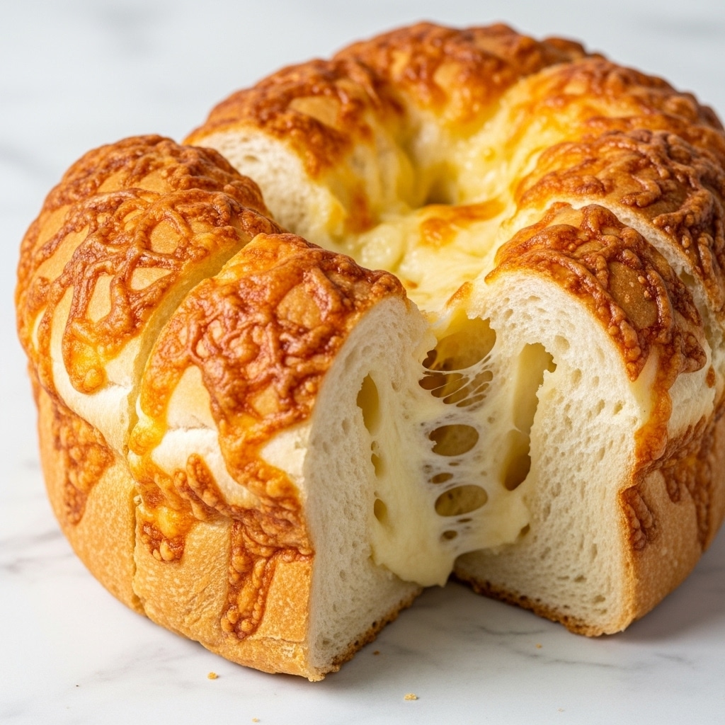A close-up view of a sliced loaf of bread with a golden-brown melted cheese crust on top, showing stretchy melted cheese strands between the cut slices. The bread inside is soft and light with a fluffy texture. The loaf rests on a white plate placed on a white marbled surface, with warm lighting highlighting the crispy texture of the cheese layer. photo taken with an iphone --ar 4:5 --v 7