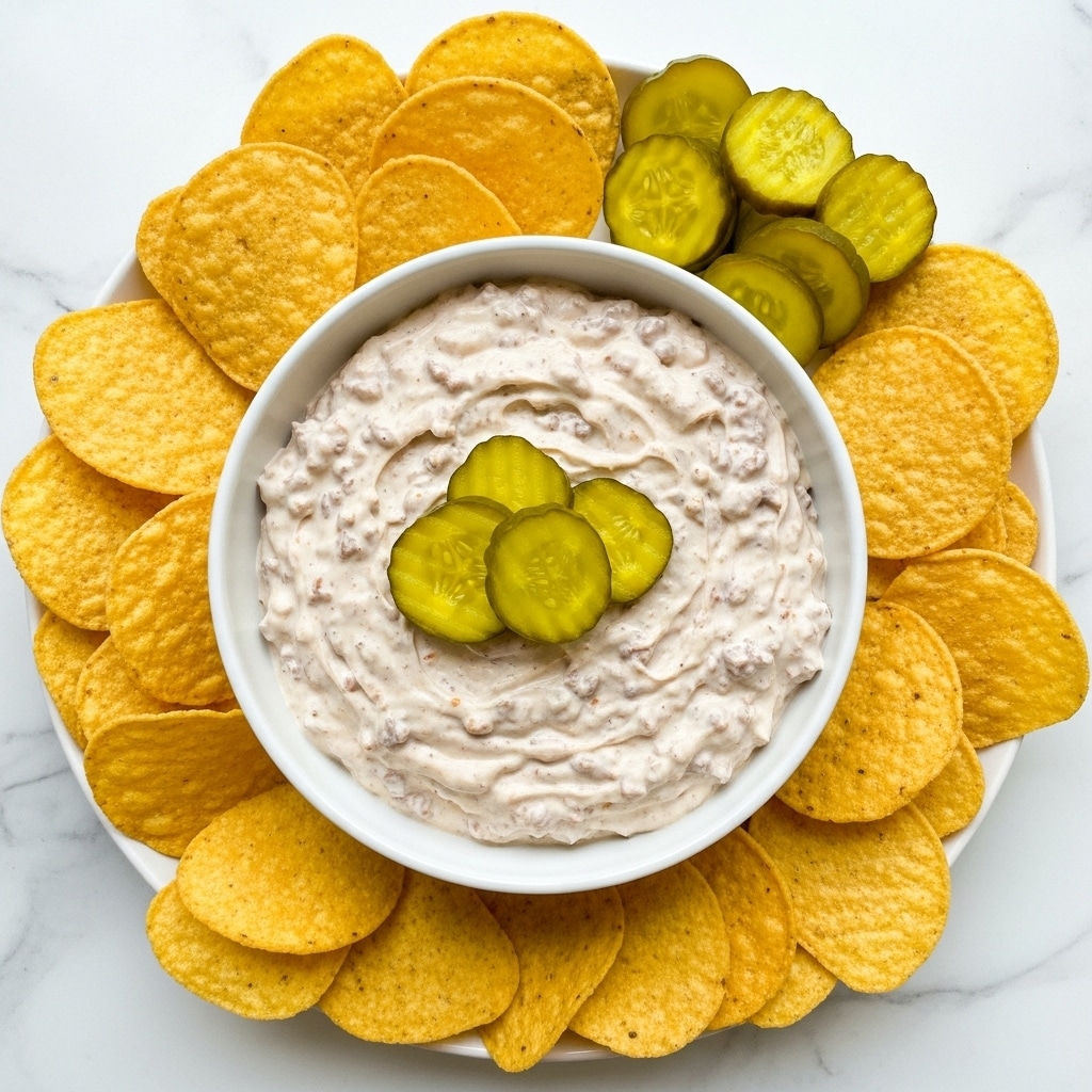 A white bowl filled with a creamy dip that has visible specks of ground meat mixed throughout, topped with three sliced pickles placed in the center. The bowl is placed on a pile of golden, crispy tortilla chips arranged in a circular pattern around it. On the side, there is a stack of sliced pickles as well. The entire setup is on a white marbled surface. photo taken with an iphone --ar 4:5 --v 7