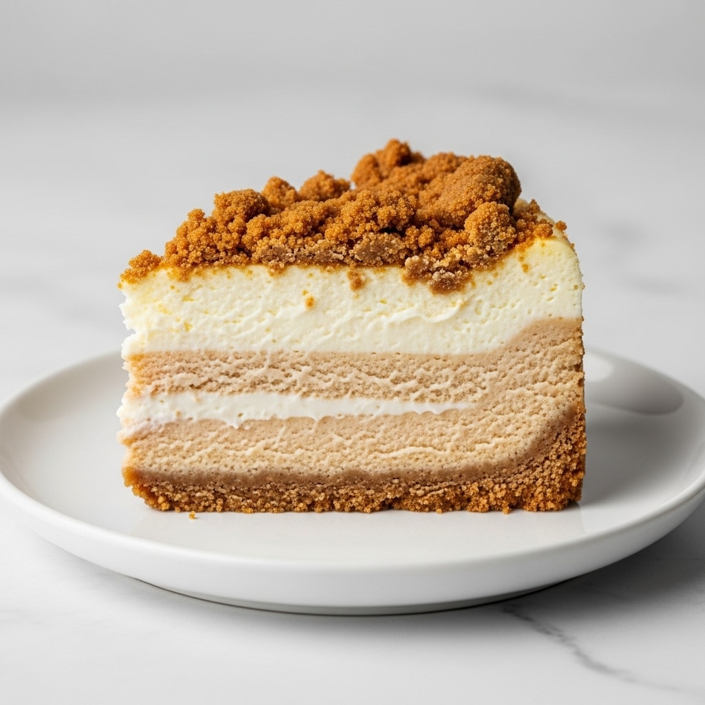 A slice of cheesecake with three distinct layers sits on a white plate on a white marbled surface. The bottom layer is a thick, smooth, brown crust that looks firm and crumbly. Above it is a thick, creamy white cheesecake filling with a soft texture. The top layer is a generous crumbly, light brown streusel topping that adds a rough texture and some unevenness to the surface. The lighting is soft, showing the realistic texture of each layer. Photo taken with an iphone --ar 4:5 --v 7