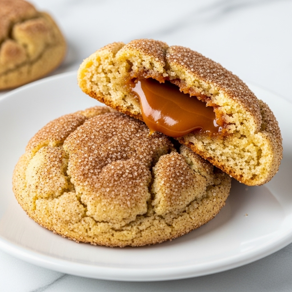 The image shows two soft cookies on a white plate with a white marbled surface background. The cookie in front is whole with a light golden color and coated in coarse sugar mixed with cinnamon, giving a grainy texture all over. The second cookie is broken in half and leaning on the first cookie, revealing a gooey caramel center that is shiny and thick. The cookie dough looks soft and slightly chewy with a slightly cracked surface covered with the same cinnamon sugar mix. Photo taken with an iphone --ar 4:5 --v 7