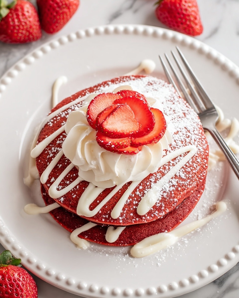 Two thick red pancakes with a soft, slightly spongy texture sit on a white round plate with a beaded edge. The pancakes are layered one on top of the other and dusted lightly with powdered sugar. Fresh, sliced strawberries form a flower shape over the center of the top pancake, and a generous swirl of whipped cream is placed in the middle. Smooth white icing is drizzled over the pancakes in curved lines. A silver fork rests on the right side of the plate. The plate is placed on a white marbled surface, with more strawberries nearby. Photo taken with an iphone --ar 4:5 --v 7