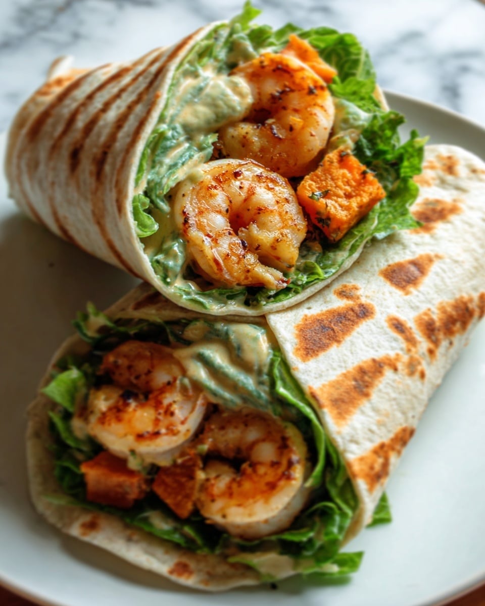 The image shows a close-up of two shrimp wraps stacked on a white plate, each wrap cut diagonally to reveal the inside. The outer layer is a soft, lightly browned flatbread with subtle grill marks. Inside, the first layer is bright green lettuce leaves, providing a fresh, crisp texture. On top of the lettuce, there are plump, pink grilled shrimp with light char marks, accompanied by small orange pieces that appear to be roasted sweet potatoes or carrots. There is also a creamy light-colored sauce, smoothly spread and visible between the shrimp and lettuce. The background is a white marbled surface. Photo taken with an iphone --ar 4:5 --v 7