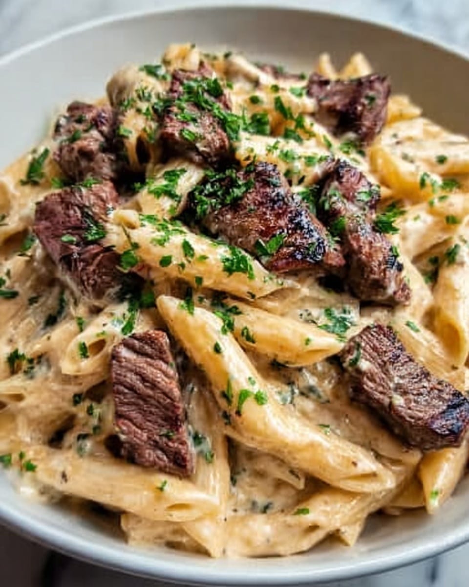 A close-up image of a creamy pasta dish served on a white plate, featuring three main layers: a base layer of smooth, light beige penne pasta coated in a rich, creamy sauce, a middle layer of medium-brown grilled steak pieces with a slightly charred texture, and a top layer of finely chopped green herbs sprinkled evenly over the pasta and steak. The colors contrast well with the creamy pale pasta, dark brown meat, and fresh green herbs, all resting on a white marbled surface. Photo taken with an iphone --ar 4:5 --v 7