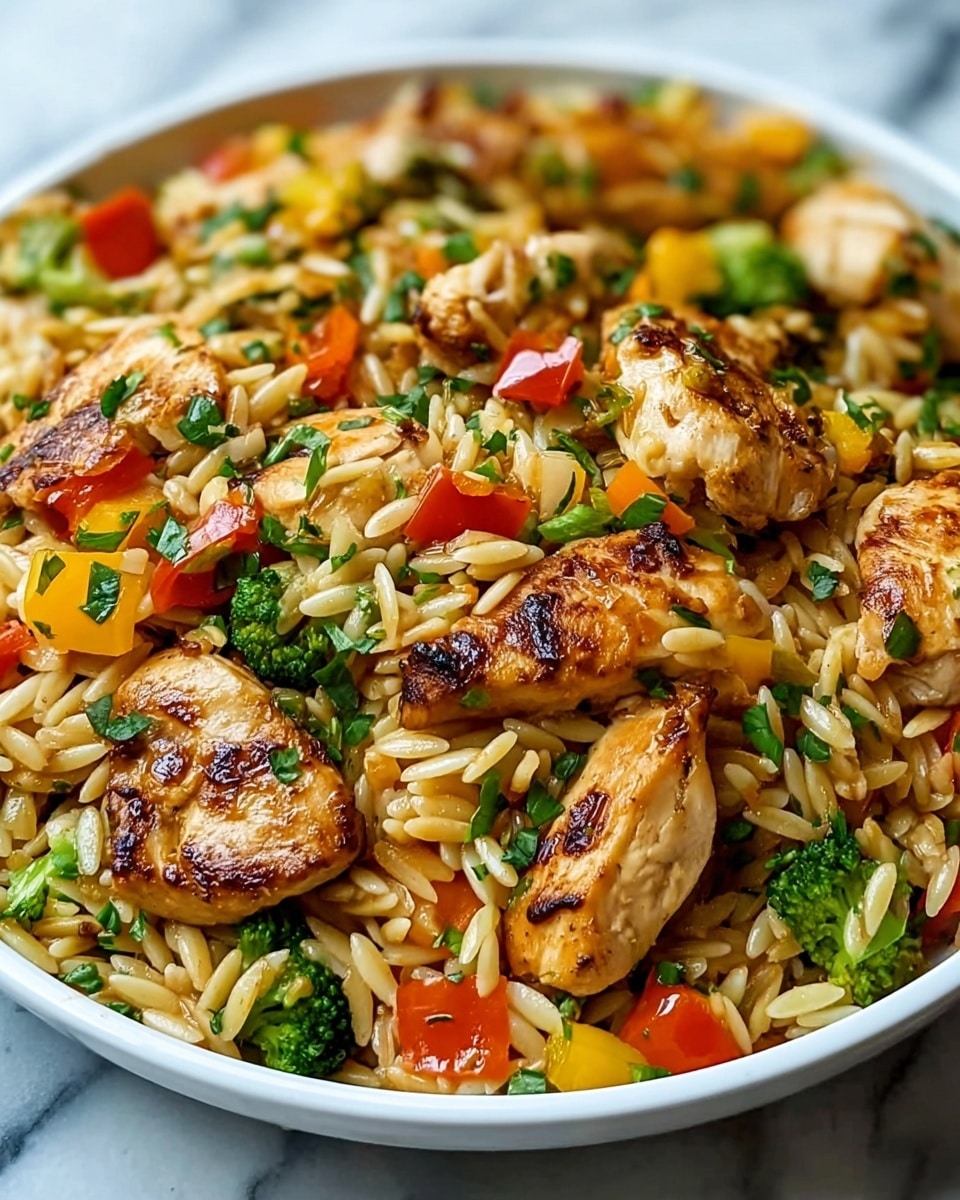 A close-up image of a white plate filled with a cooked dish where the base layer is light brown orzo pasta scattered all over. On top, medium-sized pieces of grilled chicken with golden brown seared marks are evenly spread. Mixed throughout are bright chunks of red and yellow bell peppers, small green broccoli florets, and bits of minced green herbs sprinkled lightly across the top, adding a fresh touch. The dish shows a glossy texture from a light sauce coating the ingredients. The background shows a white marbled surface. photo taken with an iphone --ar 4:5 --v 7