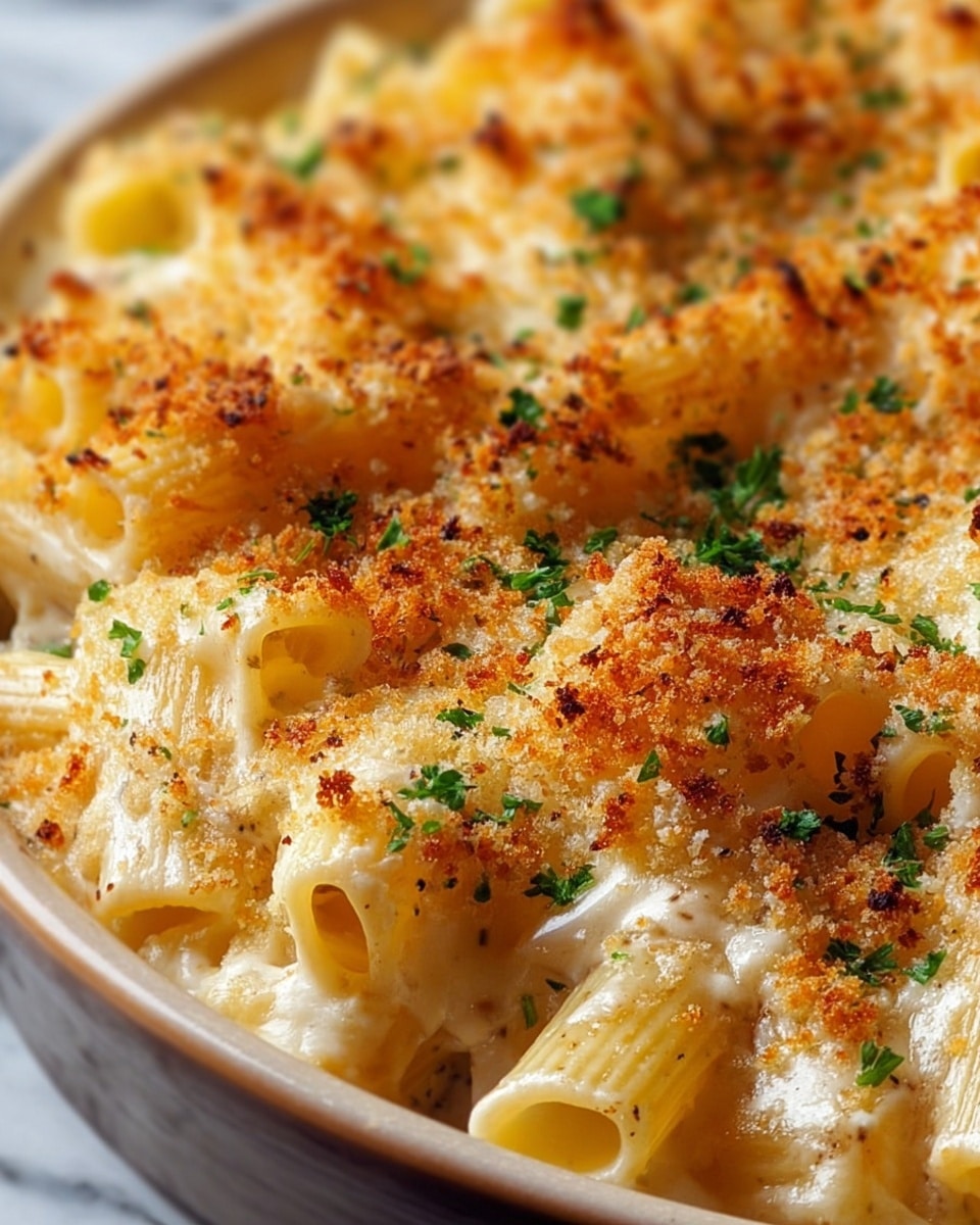 Close-up of baked pasta showing short ridged tubes covered with a creamy white cheese sauce. The top layer is golden brown and crispy breadcrumbs scattered across the pasta, with small green parsley bits sprinkled here and there. The pasta looks soft and coated in sauce with a slightly browned crust giving a textured look. The background is a white marbled texture. photo taken with an iphone --ar 4:5 --v 7