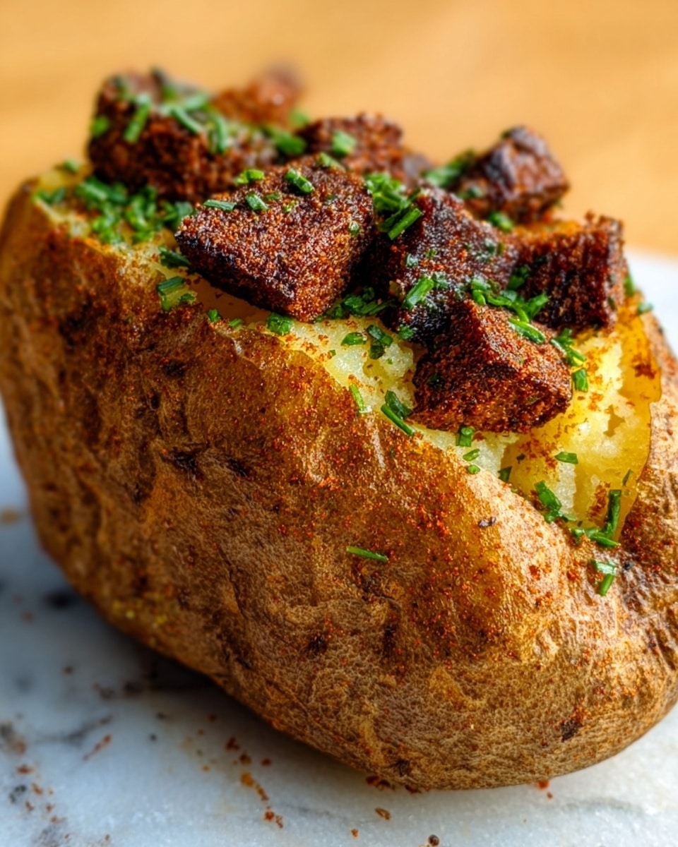 A close-up image of a baked potato with a brown, textured skin placed on a white marbled surface. The potato is split open on top and filled with small, dark brown crispy cubes seasoned with green chopped herbs sprinkled all over. The soft yellow interior of the potato is visible beneath the crispy cubes. Photo taken with an iphone --ar 4:5 --v 7