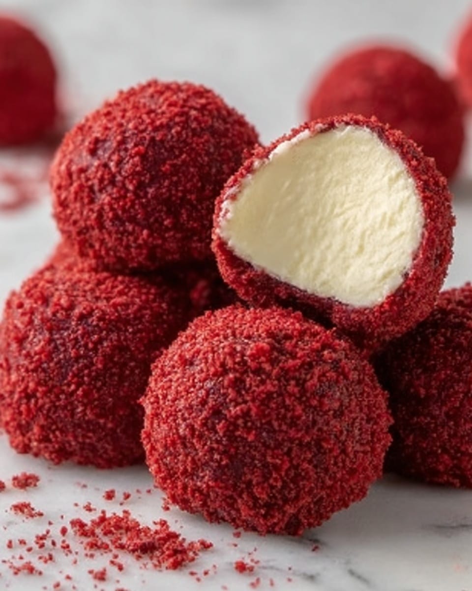 The image shows several round red truffles with a rough outer layer resembling crushed red crumbs. One truffle is cut in half, revealing a smooth, creamy white filling inside. The truffles are arranged closely together on a white marbled surface, with some red crumbs scattered around them. The colors stand out strongly, with the bright red outer coating contrasting with the soft white inside. photo taken with an iphone --ar 4:5 --v 7