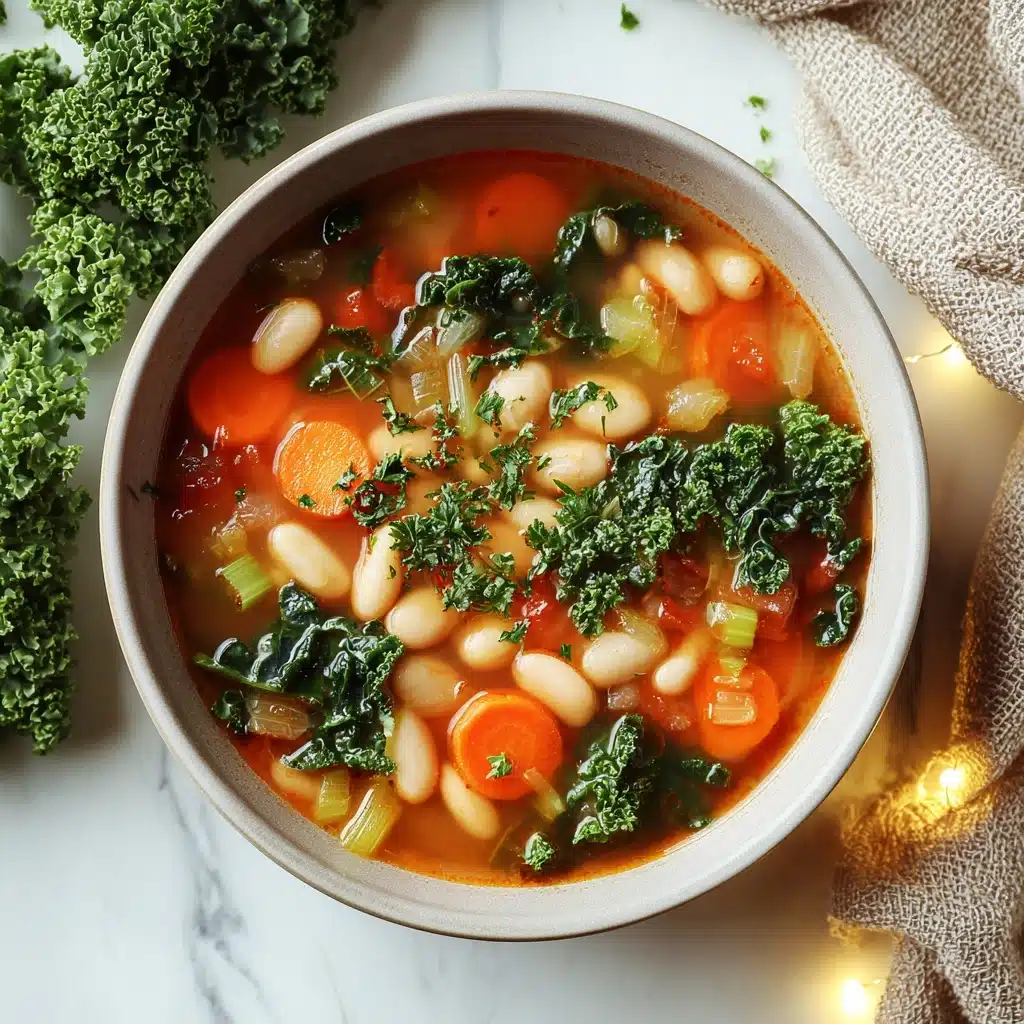 A top-down view of a bowl filled with vibrant vegetable soup featuring three main layers: the bottom layer is a rich, translucent orange broth that forms the base; the middle layer consists of chunky vegetables including bright orange carrot slices, pale green celery pieces, and tender white beans scattered evenly throughout; the top layer showcases dark green kale leaves and finely chopped fresh herbs sprinkled on top, adding texture and color contrast. Around the bowl, there’s a textured beige cloth on the right, some green kale leaves on the left, and warm fairy lights softly glowing in the background on a white marble surface. photo taken with an iphone --v 7.0