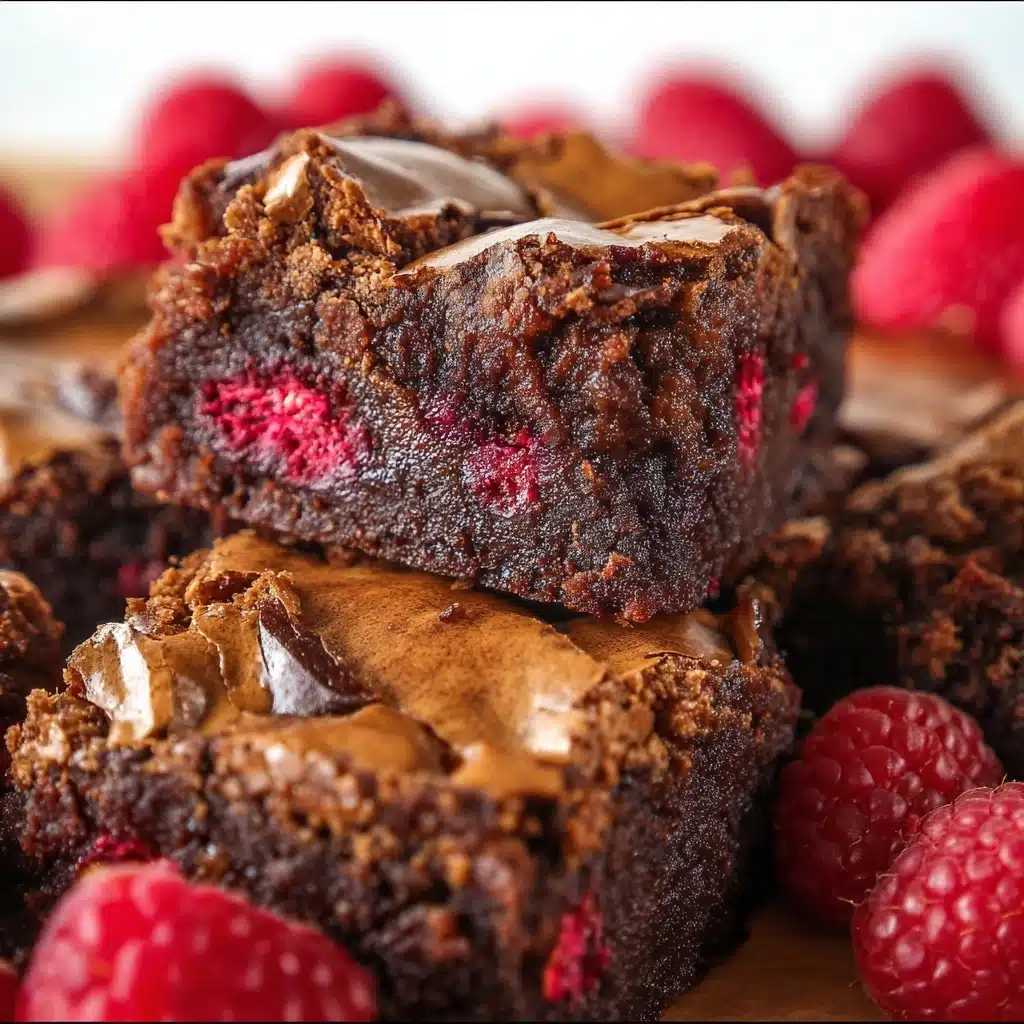 A close-up view of a thick, square chocolate brownie with a rich, dense texture and a shiny, slightly cracked top layer showcasing a thin, light brown crust; embedded within the brownie are bright red raspberry pieces adding splashes of color and a hint of juicy texture. The bottom layer is deeply moist and dark brown, contrasting with the top crust, while the middle layer shows bits of softened red raspberries blending into the chocolate. The brownie is surrounded by similar squares and a fresh raspberry placed near the bottom right. The background is a soft white surface. Photo taken with an iphone --v 7.0