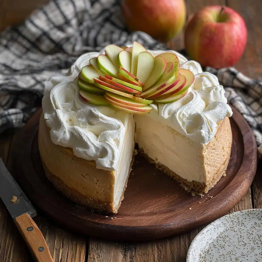A round, creamy cheesecake with a dense, light brown base and crumbly crust at the bottom, sitting on a dark wooden serving board. The top layer features a generous, fluffy white whipped cream spread evenly over the surface, crowned with thinly sliced green and red apple slices arranged in a fan-like pattern forming a decorative flower at the center. A wedge-shaped slice has been removed, revealing the smooth, firm interior of the cheesecake. The setting includes a rustic wooden table, two whole apples in the background, a checkered cloth, a knife with a wooden handle on the left, and an empty speckled ceramic plate on the right. Photo taken with an iphone --v 7.0