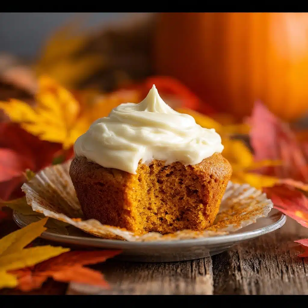 The image shows a single pumpkin muffin with a generous swirl of creamy white frosting on top, the frosting having a smooth, glossy texture with a little peak at the center. The muffin is golden-orange with a soft, moist crumb and a slightly domed top where a bite has been taken out of the front right, revealing the airy, spongy interior. The muffin sits partially inside a crinkled, white paper liner, placed on a rustic wooden surface. Surrounding the plate are vibrant autumn leaves in shades of orange, yellow, and red, adding a warm, festive fall ambiance. A blurred orange pumpkin is visible in the background, enhancing the seasonal theme. photo taken with an iphone --v 7.0