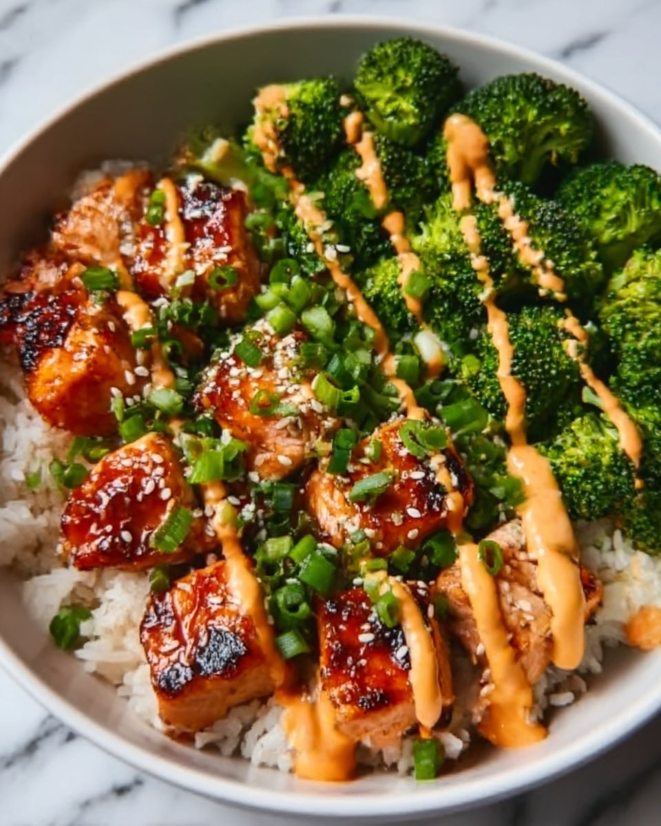 The image shows a bowl filled with white rice at the bottom layer, topped with grilled pieces of salmon that have a shiny, caramelized glaze and a slightly charred texture. Bright green chopped scallions are sprinkled evenly over the salmon, along with white sesame seeds. On the side, there is a section of fresh green broccoli florets arranged neatly. A drizzle of creamy orange sauce is spread across the top, adding contrast to the dish. The bowl is white and the background is a white marbled texture. Photo taken with an iphone --ar 4:5 --v 7