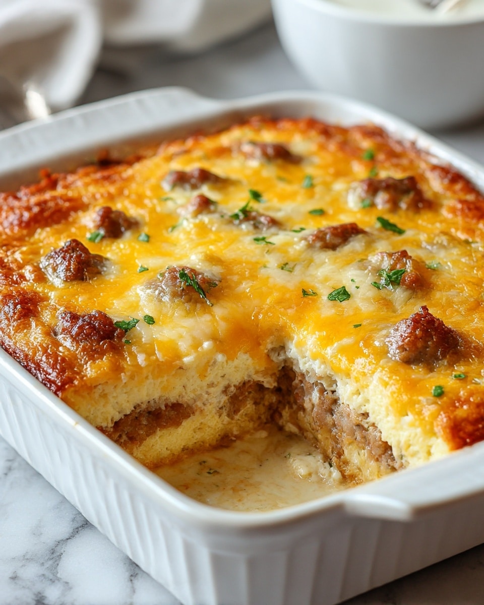 The image shows a baked casserole dish with three visible layers. The bottom layer is light beige and creamy, possibly eggs or a sauce. Above that is a thick, coarsely textured layer of browned sausage pieces in a light sauce. The top layer is a bright, golden-brown melted cheese with some browned spots, dotted with cooked sausage bits and sprinkled with green herb pieces. Part of the casserole has been scooped out, revealing the layers inside. The dish is in a white, rectangular ceramic baking dish set on a white marbled surface with a blurred white bowl in the background. Photo taken with an iphone --ar 4:5 --v 7