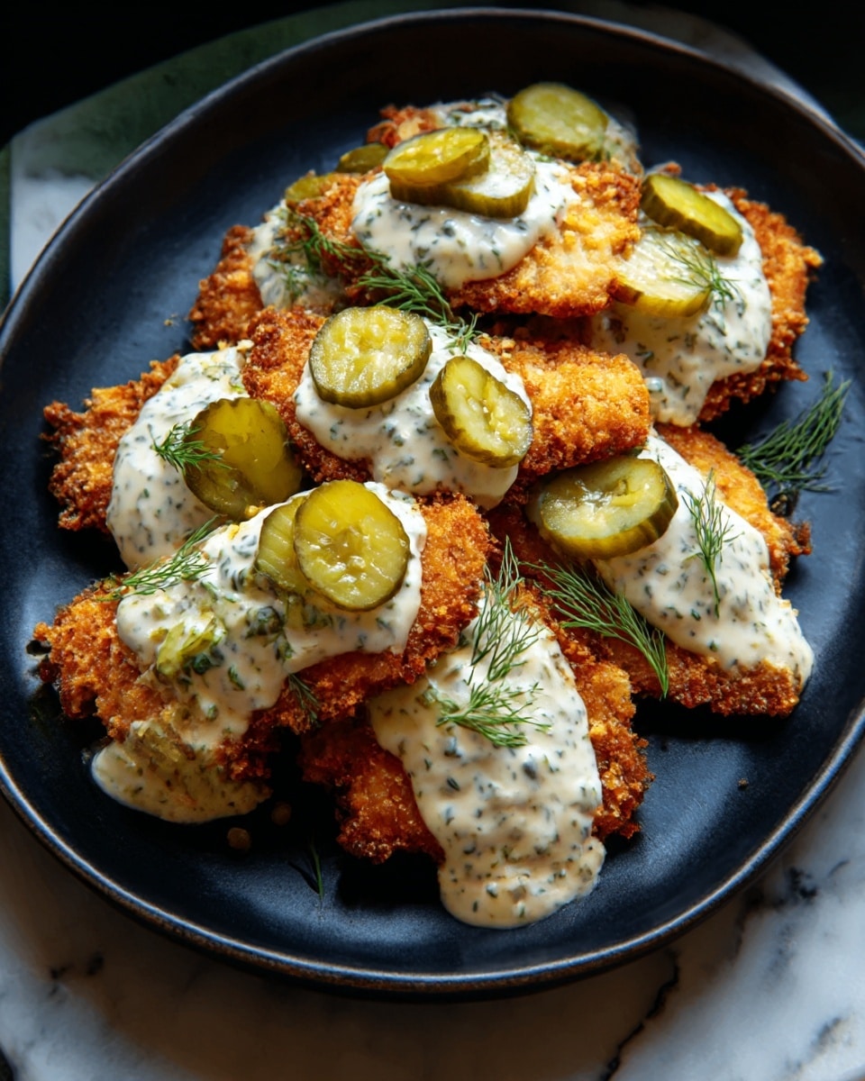 A black plate on a white marbled surface holds several golden-brown, crispy fried pieces layered roughly in one pile, each topped with a generous dollop of white sauce speckled with green herbs. Thin slices of green pickles are scattered on top of the sauce, adding a fresh contrast to the warm colors. The fried pieces have a rough, crunchy texture, and the sauce looks creamy and soft. The lighting shows depth and texture clearly. Photo taken with an iphone --ar 4:5 --v 7
