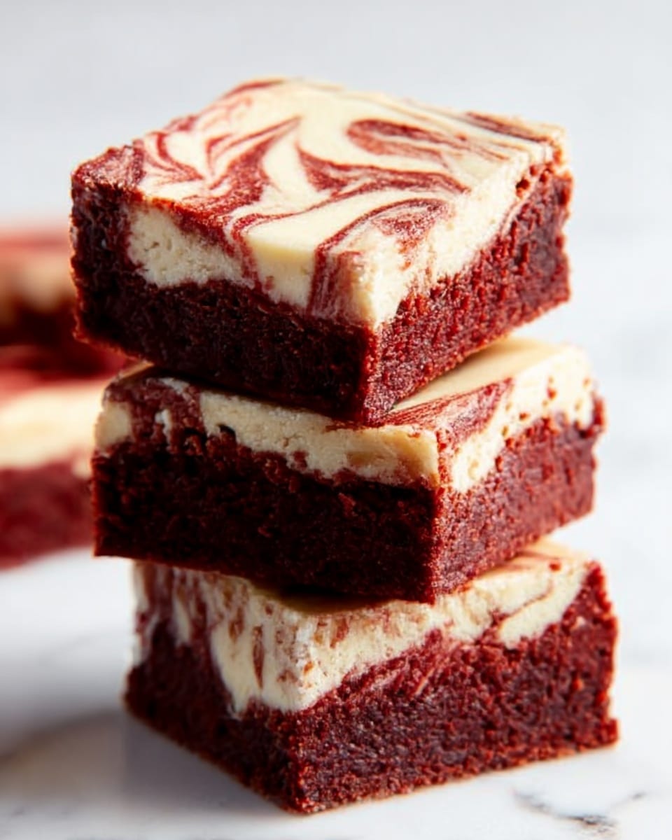 The image shows a stack of three thick, square brownies with a creamy swirl on top. Each brownie has a deep red-brown base with a smooth white cream layer swirled in a marbled pattern on the surface. The brownies look moist and dense, with clean edges and visible texture from the cream swirls. The background is a white marbled surface that gives a bright, clean look. The photo taken with an iphone --ar 4:5 --v 7