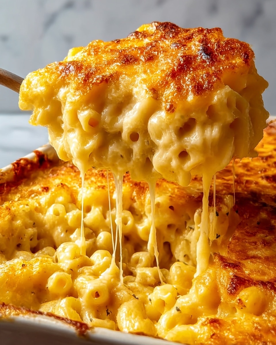 A close-up view of a macaroni and cheese dish being scooped out, showing a thick layer of baked, golden-brown cheese on top with a slightly crispy, textured surface. The inside reveals small pasta shells coated in creamy, melted cheese with strings of cheese stretching as the piece is lifted. The dish has a rich yellow-orange color mixed with cream tones, and the cooked pasta is soft and well-coated. The background is a white marbled texture. Photo taken with an iphone --ar 4:5 --v 7