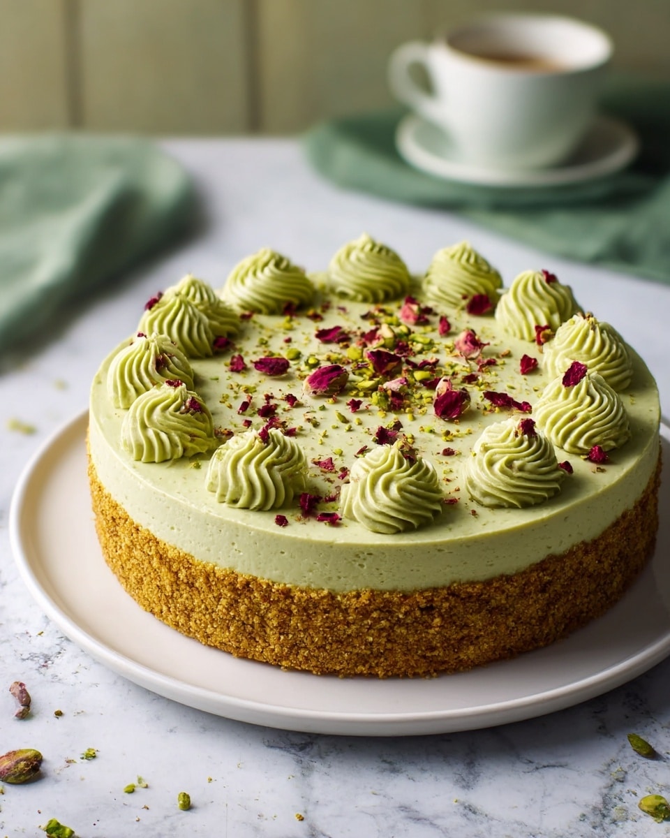 A round cake with three main layers is shown, placed on a white plate on a white marbled surface. The bottom layer is a dense golden-brown crumb crust wrapped around the sides. The middle layer is a smooth, pale green cream that covers the entire top surface. On top of the cake, there are 14 evenly spaced dollops of darker green cream with a wavy texture, placed near the edge. The center and the cream dollops are sprinkled with crushed pistachios and tiny dried rose petals, adding red and green specks. A green cloth and white cup are softly blurred in the background. Photo taken with an iphone --ar 4:5 --v 7