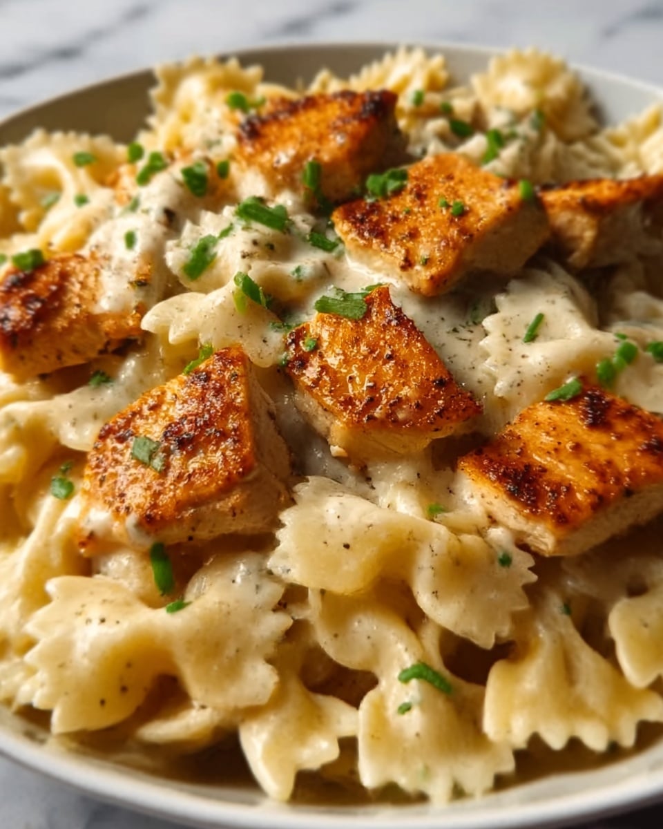 The image shows a close-up of a white plate filled with bow tie pasta coated in a creamy white sauce as the base layer. On top of the pasta, there are several pieces of grilled chicken with a golden brown, slightly crispy texture, scattered evenly across the dish. Small green herbs are sprinkled over, adding a fresh pop of color. The background is a white marbled surface. The photo looks warm and inviting, taken with an iphone --ar 4:5 --v 7
