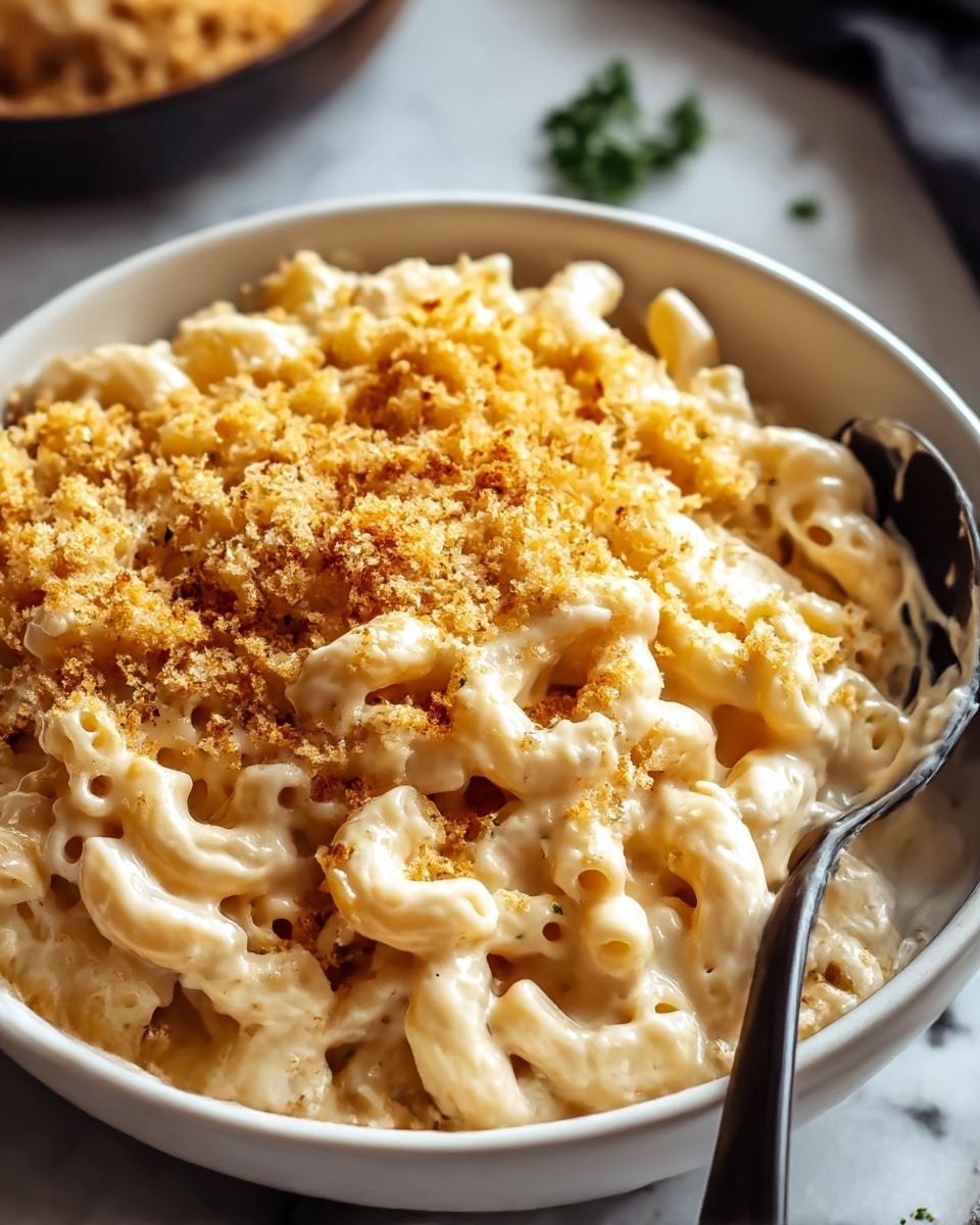 A close-up view of a creamy macaroni and cheese dish served in a white bowl, showing one layer of elbow-shaped pasta coated in thick, smooth, light yellow cheese sauce. The top has a generous sprinkling of golden-brown breadcrumbs, adding a textured contrast. A dark spoon rests inside the bowl on the right side, slightly covered by the pasta. The bowl sits on a white marbled surface with a blurred background. Photo taken with an iphone --ar 4:5 --v 7