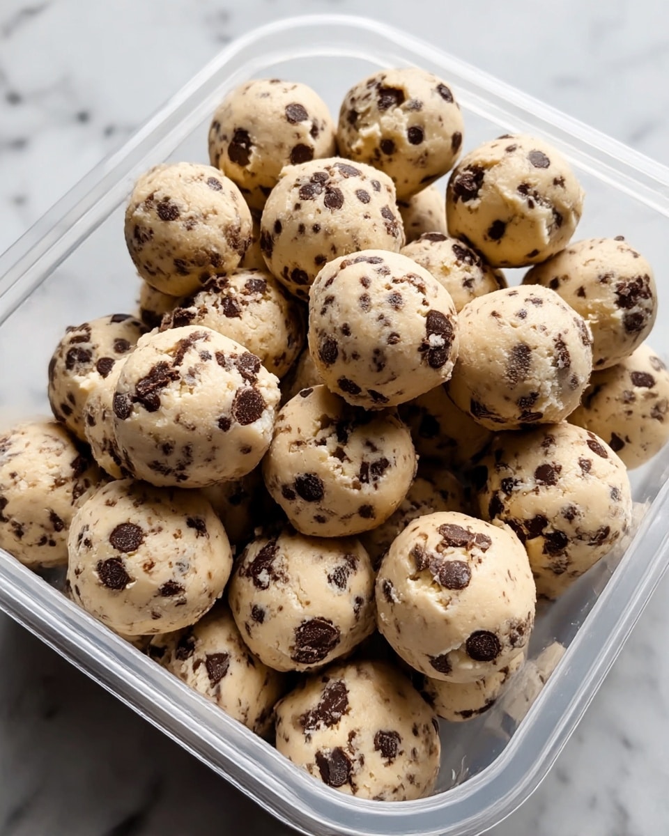 A clear plastic container filled with many small, round cookie dough balls, each ball pale beige in color and speckled generously with dark chocolate chips and chunks. The dough balls are tightly packed, showing a slightly rough and soft texture with visible chocolate pieces that stand out against the lighter dough. The container sits on a white marbled surface, and the focus is on the dough balls in the center, capturing their smooth, rounded shape and rich chocolate details. photo taken with an iphone --ar 4:5 --v 7