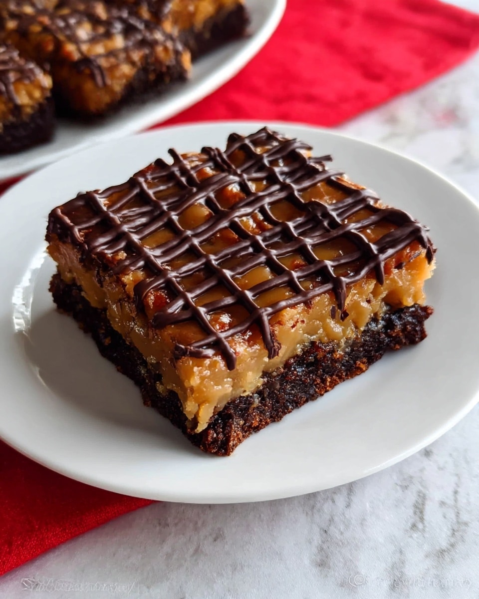 A square dessert bar on a white plate sitting on a white marbled texture with a red cloth edge showing under the plate. The bottom layer is dark brown and looks moist and crumbly, the middle layer is thick and golden caramel with a sticky texture, and the top layer is a grid of glossy dark chocolate drizzle forming lines across the surface. photo taken with an iphone --ar 4:5 --v 7