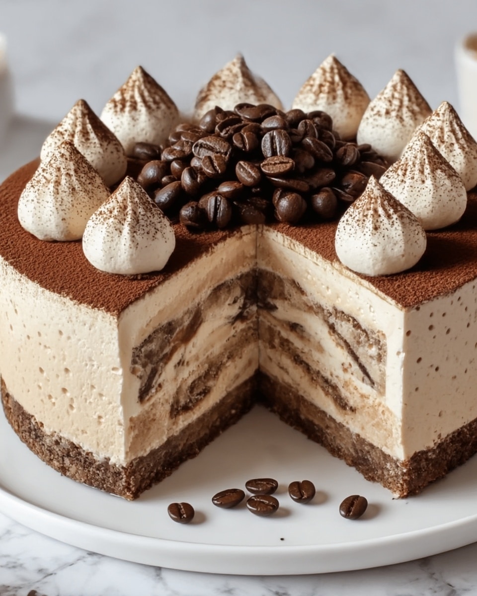 The image shows a creamy, light brown cheesecake with three visible layers; the bottom layer is a dense, crumbly brown crust, the middle is a thick, smooth beige cheesecake filling, and the top is a darker brown, dusted with cocoa powder. Around the edge of the cheesecake are evenly spaced swirls of light beige whipped cream, each topped with a half piece of a triangular dark chocolate cookie, which has a textured pattern. The cheesecake sits on a clear glass plate on a white marbled surface. photo taken with an iphone --ar 4:5 --v 7