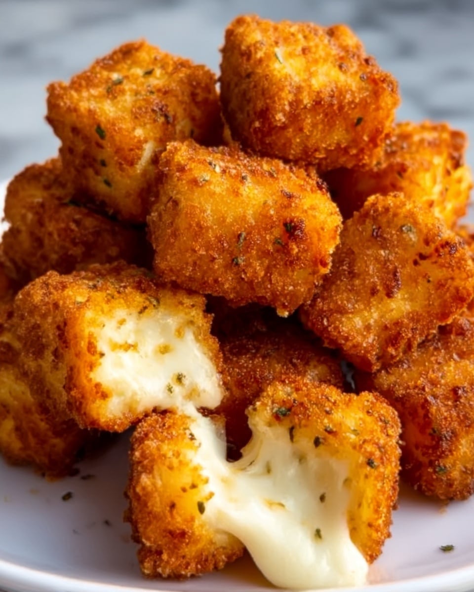 The image shows a close-up of seven golden-brown crispy cheese cubes with a crunchy coating. One of the cubes is broken open in the center, revealing melted white cheese stretching out. The cubes have a rough texture and are arranged closely together on a white plate. The background is a white marbled surface. photo taken with an iphone --ar 4:5 --v 7