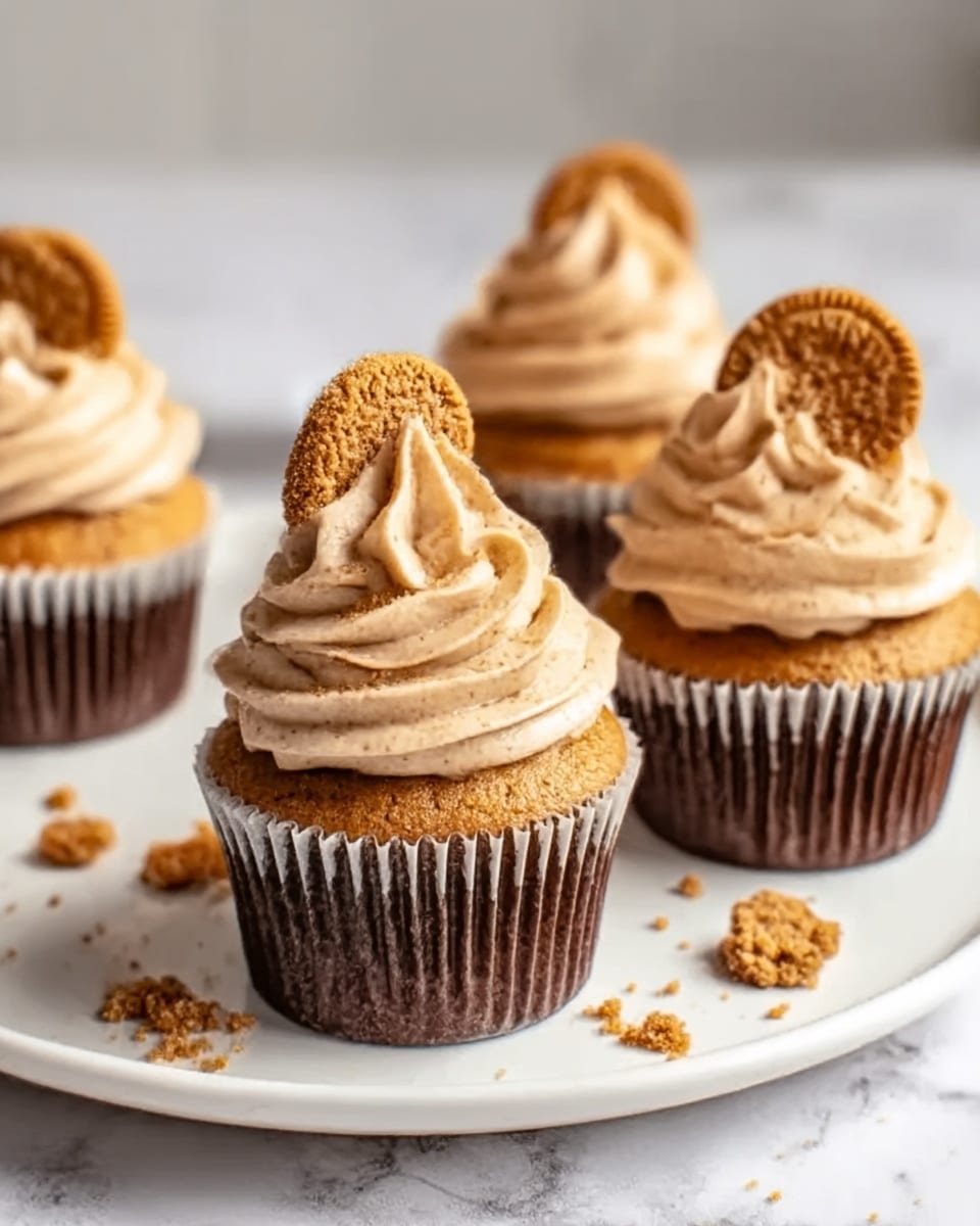 Four cupcakes are shown on a white plate placed on a white marbled surface. Each cupcake has a dark brown base with ridged paper liners. On top of each base is a thick layer of light brown swirled frosting with smooth, soft peaks. A small, textured cookie piece is placed at an angle on the frosting of each cupcake. Some small cookie crumbs are scattered around the plate. The overall look is neat with warm colors and soft textures. Photo taken with an iphone --ar 4:5 --v 7