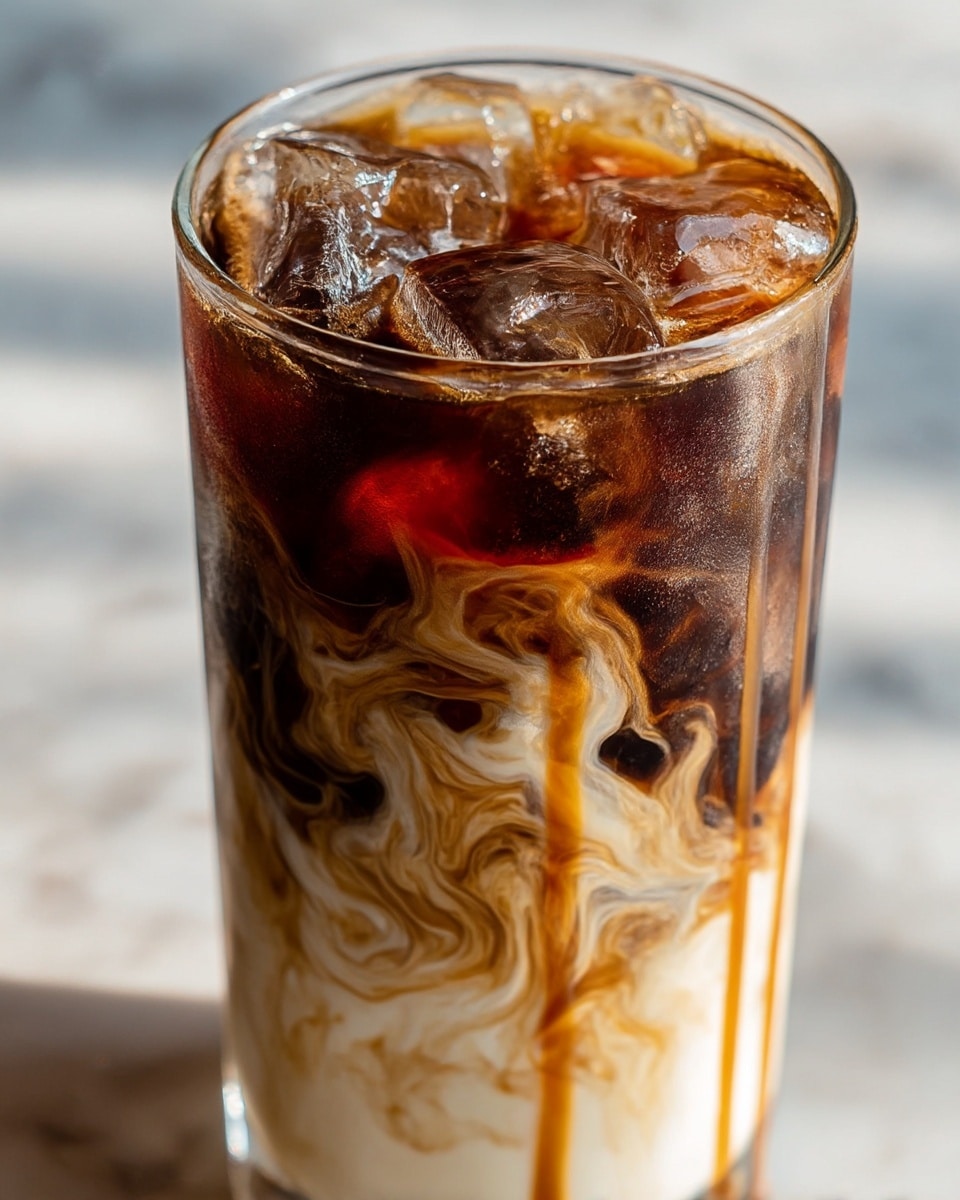 A clear glass filled with dark brown iced coffee near the top layer with large, translucent ice cubes floating in it. Below the iced coffee, a thick layer of white cream swirls up, blending with the coffee in wavy patterns of light brown and caramel hues. Two thick caramel syrup drips run down from the rim into the coffee and cream layers, creating a rich, textured look. The glass sits on a white marbled surface with warm light reflecting softly through the glass photo taken with an iphone --ar 4:5 --v 7