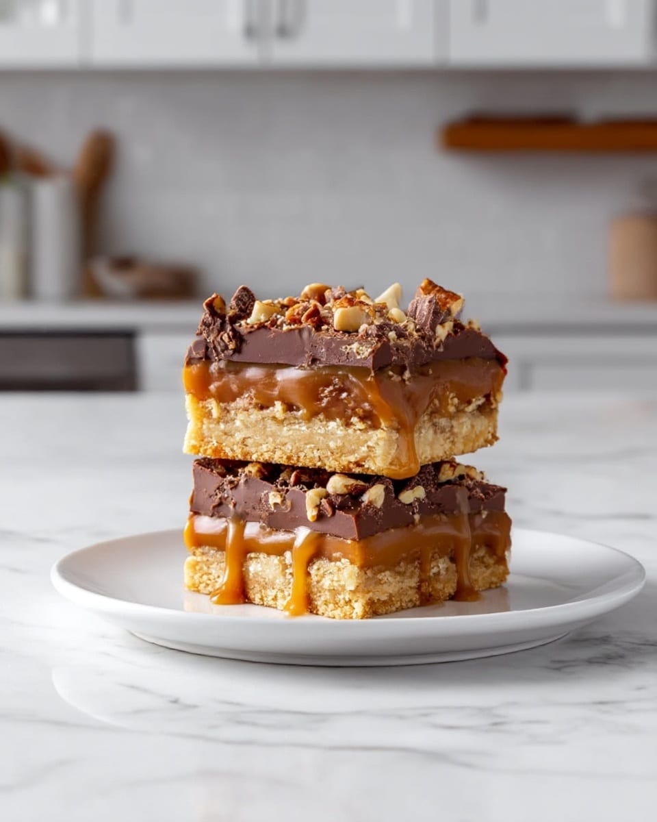 Two square caramel chocolate dessert bars are stacked on a white plate. Each bar has three visible layers: a light tan crunchy base, a thick caramel layer dripping slightly on the sides, and a rich dark chocolate top layer sprinkled with small crushed chocolate pieces and nuts. The plate sits on a white marbled surface with a kitchen background blurred out. photo taken with an iphone --ar 4:5 --v 7