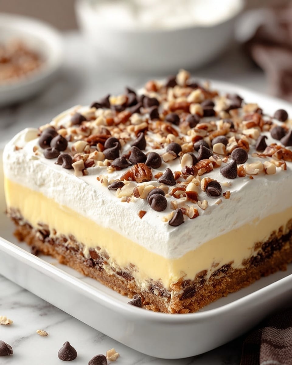 A square dessert in a white rectangular dish with three visible layers: the bottom layer is a crumbly, brown crust; the middle layer is a smooth, light yellow custard; and the top layer is a thick, white whipped cream spread evenly. The whipped cream layer is sprinkled generously with dark brown chocolate chips and chopped light brown nuts. The dish is placed on a white marbled surface with a blurred white bowl in the background. photo taken with an iphone --ar 4:5 --v 7
