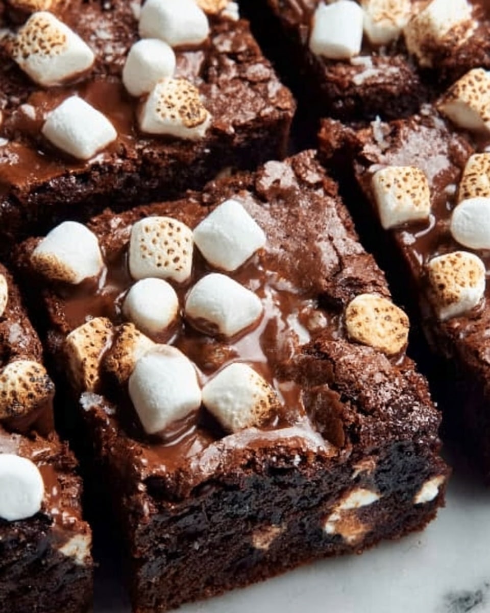 The image shows a close-up of four square slices of rich, dark brown brownie topped with a layer of melted milk chocolate and small white marshmallows scattered evenly on top. The marshmallows are slightly toasted with light brown spots, adding texture and contrast. The brownies have a dense, fudgy look with some shiny, cracked surface details. The background is a white marbled texture which highlights the dark color of the brownies. photo taken with an iphone --ar 4:5 --v 7