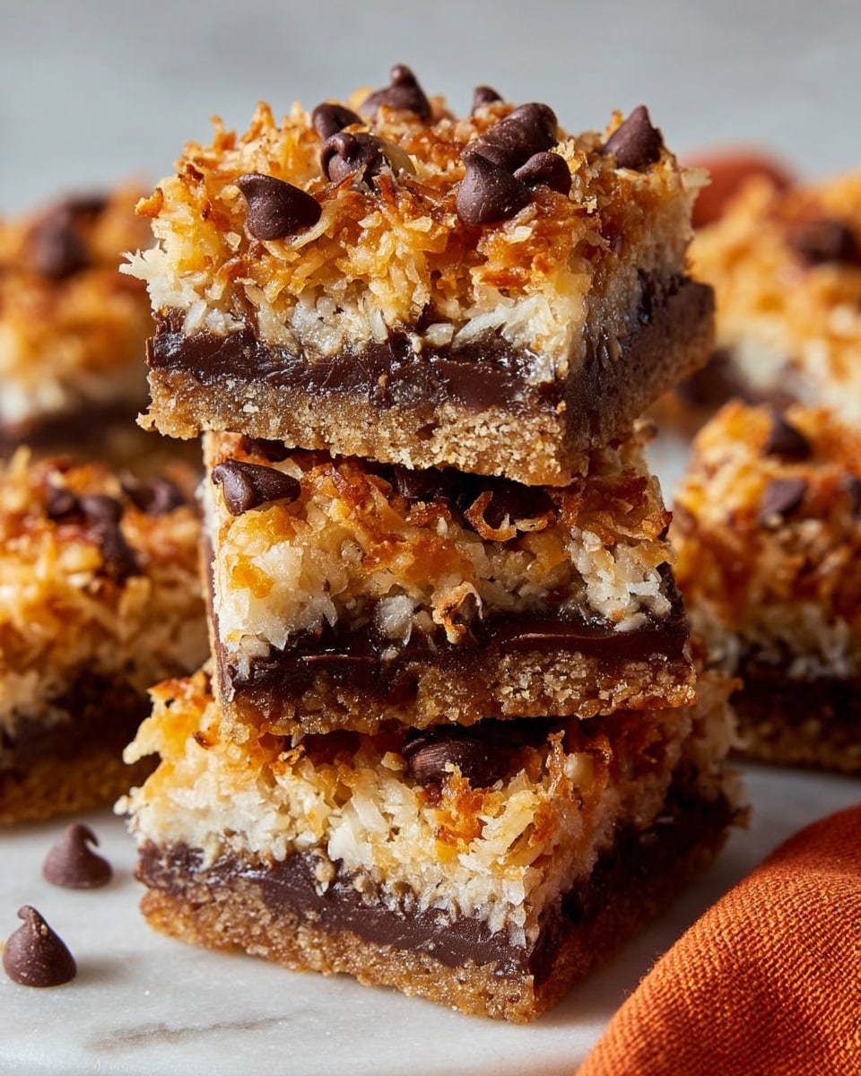 The image shows a close-up of three stacked dessert bars with four visible layers. The bottom layer is a dense, crumbly, light brown biscuit crust. Above it is a dark chocolate layer, rich and slightly melted. The third layer is mixed with small nut pieces and shredded coconut, golden brown and slightly toasted. The top layer is golden caramelized toasted coconut flakes with dark chocolate chips scattered on top. The bars are placed on a white marbled texture with an orange cloth on the right side. Photo taken with an iphone --ar 4:5 --v 7