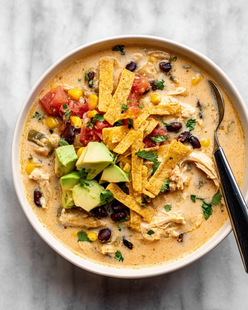 The image shows a white bowl filled with creamy beige soup that contains shredded chicken and is topped with several colorful layers. On top, there are scattered pieces of bright green avocado chunks on one side, and a mix of red diced tomatoes, yellow corn kernels, and black beans in the center. There are also crunchy yellow tortilla strips spread on the surface along with small green cilantro leaves sprinkled around. A black spoon rests inside the bowl, partially submerged in the creamy soup. The bowl is placed on a white marbled textured surface. Photo taken with an iphone --ar 4:5 --v 7