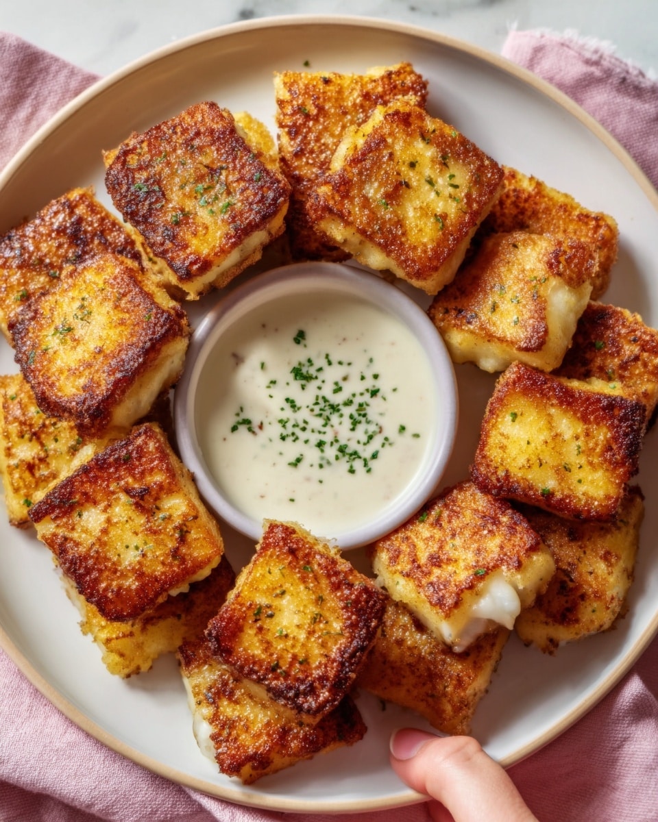 The image shows a white round plate filled with about twelve square pieces of golden-brown fried fish with crispy edges. The fish pieces have a crunchy, toasted texture on top and soft inside, sprinkled lightly with green herbs. In the center of the plate, there is a small white bowl of creamy white sauce with green herb garnishing. The plate is placed on a soft pink cloth over a white marbled surface, and a woman's hand is reaching from the side holding the edge of the plate. photo taken with an iphone --ar 4:5 --v 7