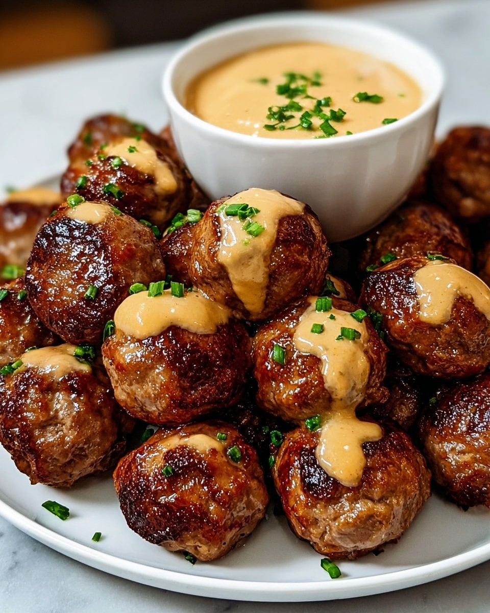 A white plate filled with two layers of golden-brown meatballs, each meatball shiny and slightly crispy on the outside, with a smooth, light tan sauce drizzled over some of them. In the center at the back of the plate is a white bowl filled with more of the same tan sauce, topped with small pieces of chopped green herbs. The green herbs are also scattered lightly over the meatballs, adding a fresh contrast. The plate rests on a white marbled surface. photo taken with an iphone --ar 4:5 --v 7